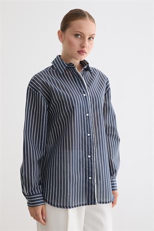 Önü Düğmeli Dantel Detaylı Çizgili Gömlek LACİVERT
