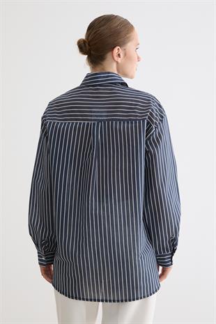 Önü Düğmeli Dantel Detaylı Çizgili Gömlek LACİVERT