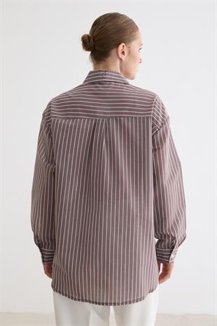 Önü Düğmeli Dantel Detaylı Çizgili Gömlek KAHVE