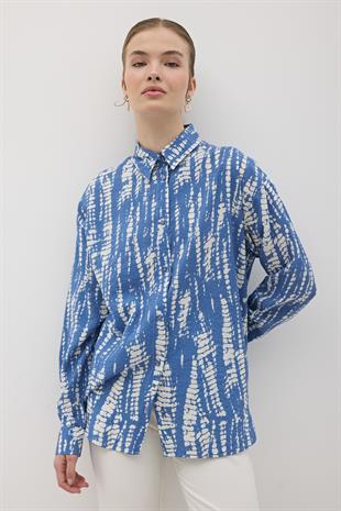 Önü Düğmeli Desenli Oversize Gömlek MAVİ