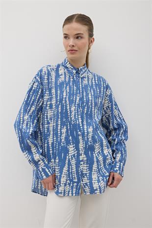 Önü Düğmeli Desenli Oversize Gömlek MAVİ