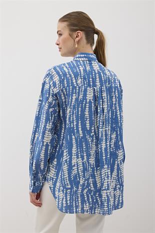 Önü Düğmeli Desenli Oversize Gömlek MAVİ