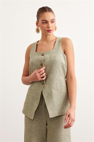 Önü Düğmeli Keten Bluz HAKİ