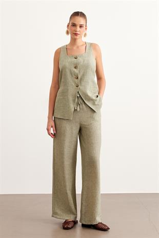 Önü Düğmeli Keten Bluz HAKİ