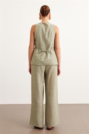 Önü Düğmeli Keten Bluz HAKİ