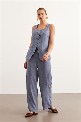 Önü Düğmeli Keten Bluz İNDİGO