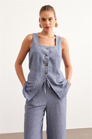 Önü Düğmeli Keten Bluz İNDİGO