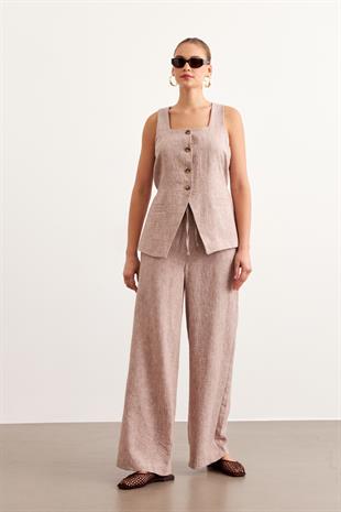 Önü Düğmeli Keten Bluz VİZON