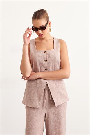 Önü Düğmeli Keten Bluz VİZON