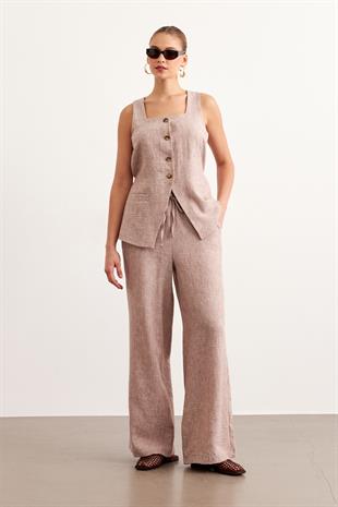 Önü Düğmeli Keten Bluz VİZON