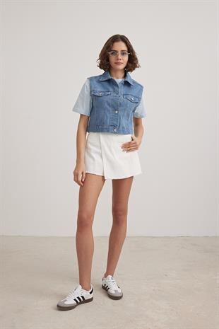 Önü Düğmeli Kot Yelek KOYU MAVİ