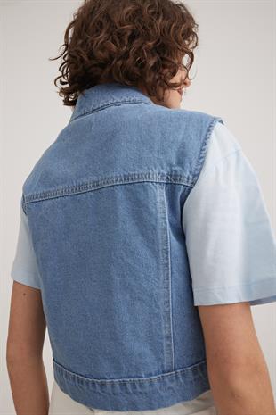 Önü Düğmeli Kot Yelek KOYU MAVİ