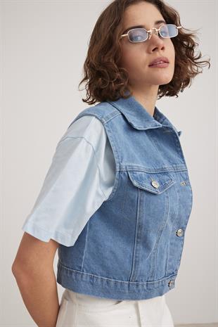 Önü Düğmeli Kot Yelek KOYU MAVİ