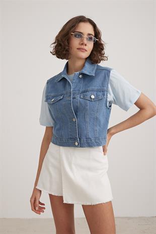 Önü Düğmeli Kot Yelek KOYU MAVİ