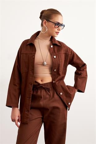 Önü Düğmeli Kuşaklı Gabardin Ceket KAHVE