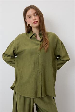 Önü Düğmeli Oversize Gömlek HAKİ
