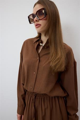 Önü Düğmeli Oversize Gömlek KAHVERENGİ