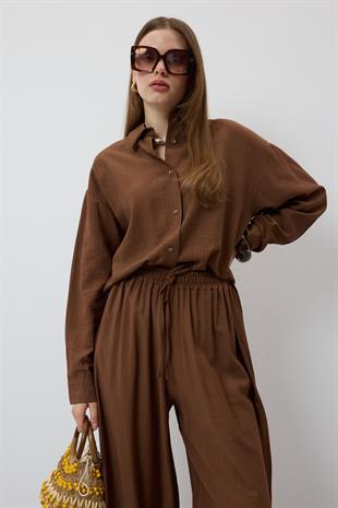 Önü Düğmeli Oversize Gömlek KAHVERENGİ