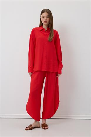 Önü Düğmeli Oversize Gömlek KIRMIZI