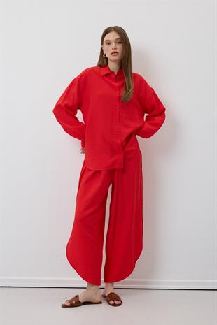 Önü Düğmeli Oversize Gömlek KIRMIZI