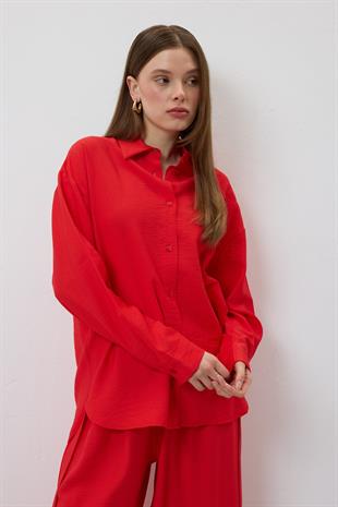 Önü Düğmeli Oversize Gömlek KIRMIZI