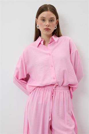Önü Düğmeli Oversize Gömlek PEMBE