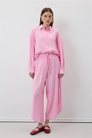 Önü Düğmeli Oversize Gömlek PEMBE