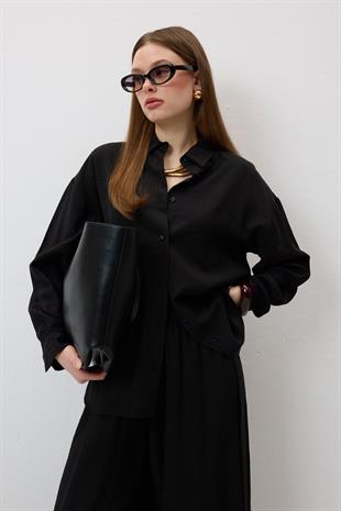 Önü Düğmeli Oversize Gömlek SİYAH