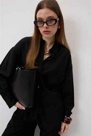 Önü Düğmeli Oversize Gömlek SİYAH