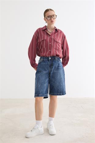 Önü Düğmeli Oversize Viskon Gömlek BORDO