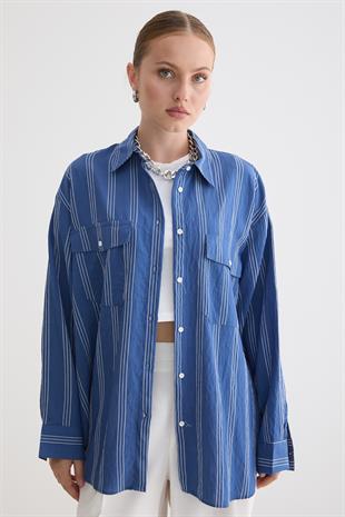 Önü Düğmeli Oversize Viskon Gömlek LACİVERT