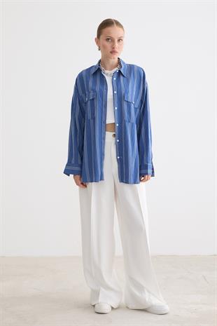 Önü Düğmeli Oversize Viskon Gömlek LACİVERT