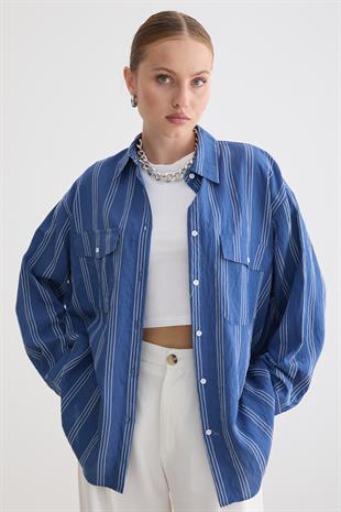 Önü Düğmeli Oversize Viskon Gömlek LACİVERT