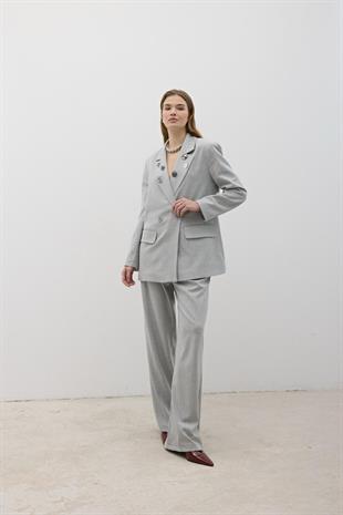 Önü Fermuarlı Düğme Detaylı Pantolon GRİ