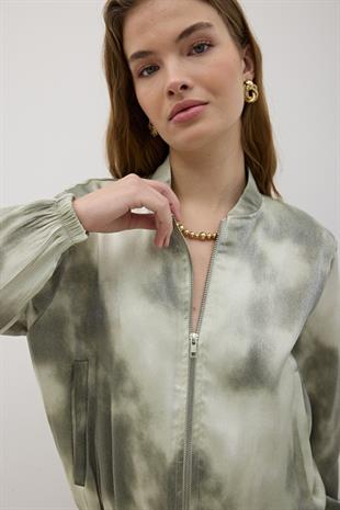 Önü Fermuarlı Saten Ceket HAKİ