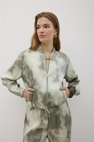 Önü Fermuarlı Saten Ceket HAKİ