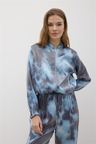 Önü Fermuarlı Saten Ceket MAVİ