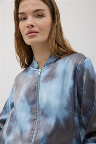 Önü Fermuarlı Saten Ceket MAVİ