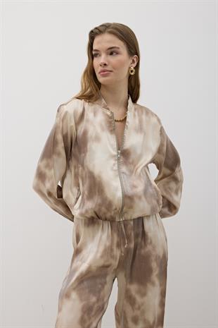 Önü Fermuarlı Saten Ceket TAŞ