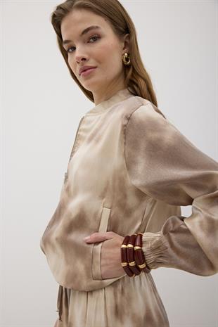 Önü Fermuarlı Saten Ceket TAŞ