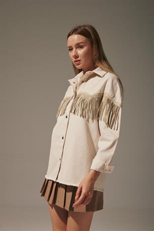 Front Black Stone Fringed Womens Denim Shirt STONE