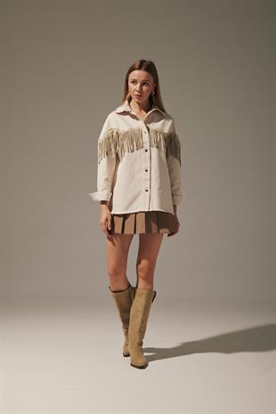 Front Black Stone Fringed Womens Denim Shirt STONE