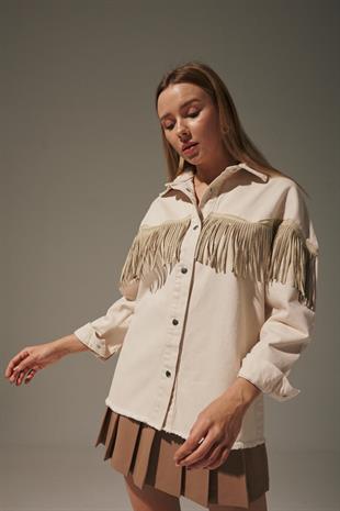 Front Black Stone Fringed Womens Denim Shirt STONE