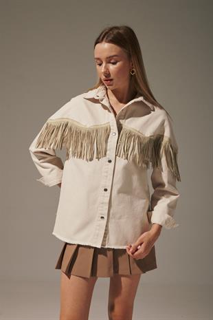 Front Black Stone Fringed Womens Denim Shirt STONE