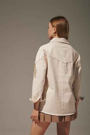 Front Black Stone Fringed Womens Denim Shirt STONE