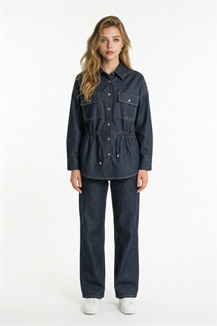 Oversize Beli Tünelli Cepli Gömlek MAVİ