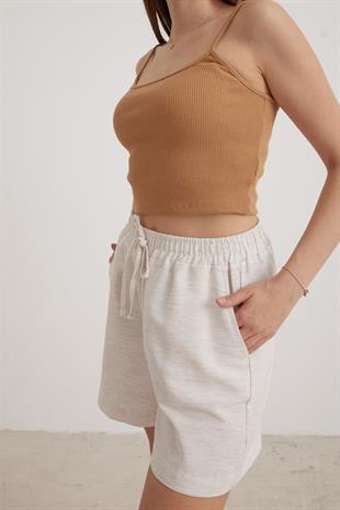 Keten Salaş Cep Detaylı Kadın Şort TAŞ