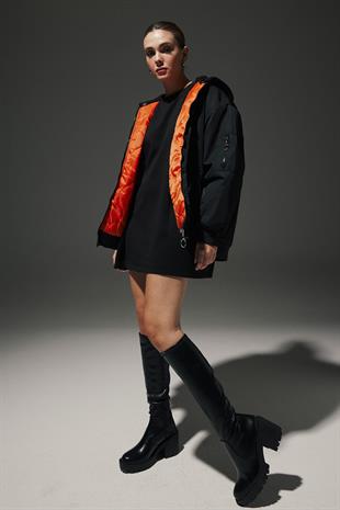 Parachute Fabric Hooded Back Embroidery Detail Ribbed Collar Oversized Womens Coat BLACK