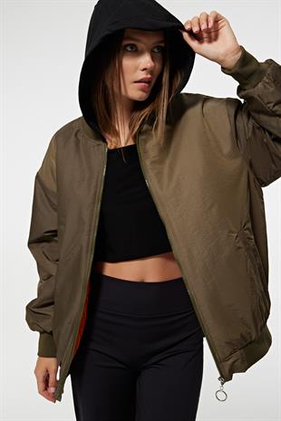 Parachute Fabric Detachable Hood Back Embroidery Detail Ribbed Collar Oversized Womens Coat KHAKI