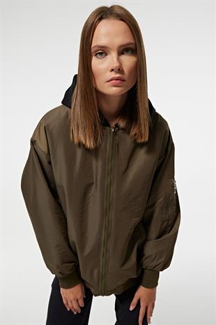 Parachute Fabric Detachable Hood Back Embroidery Detail Ribbed Collar Oversized Womens Coat KHAKI